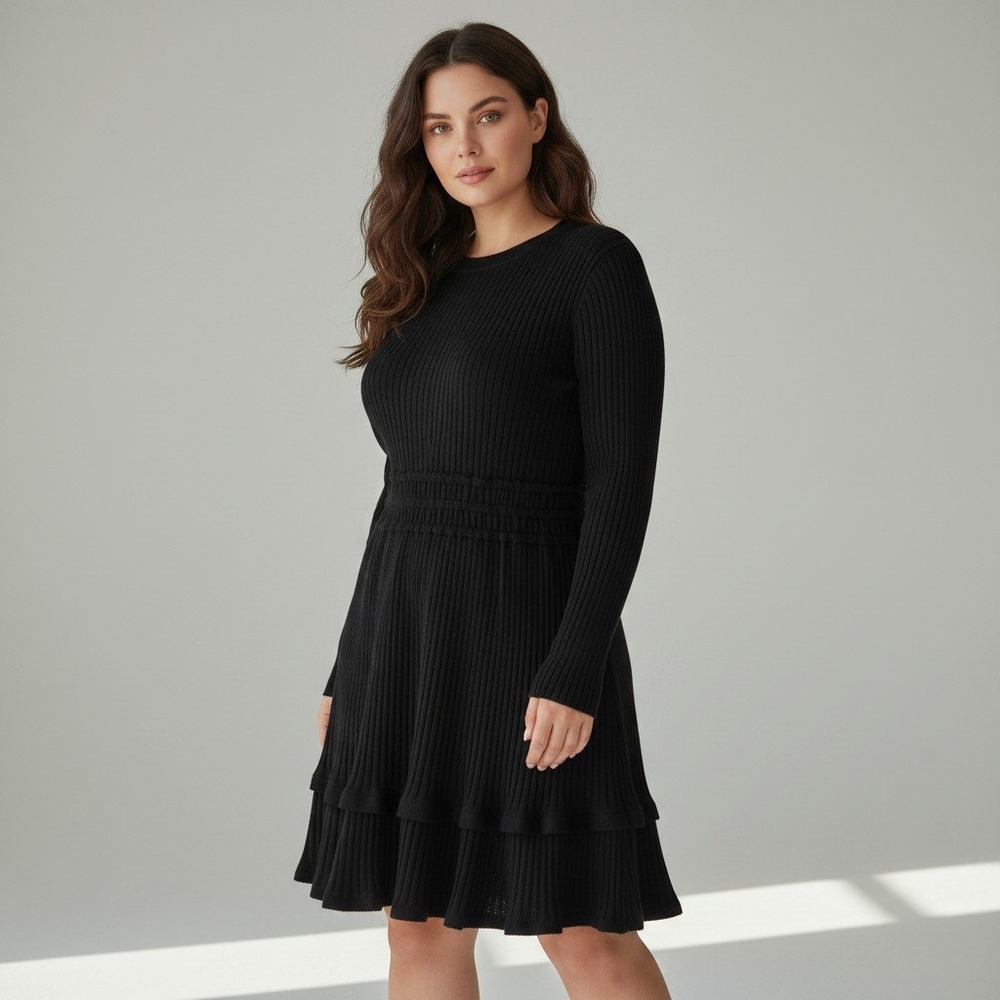 Anthropologie Black Ribbed Knit Ruffle Hem Sweater Dress XL Long Sleeve Smocked